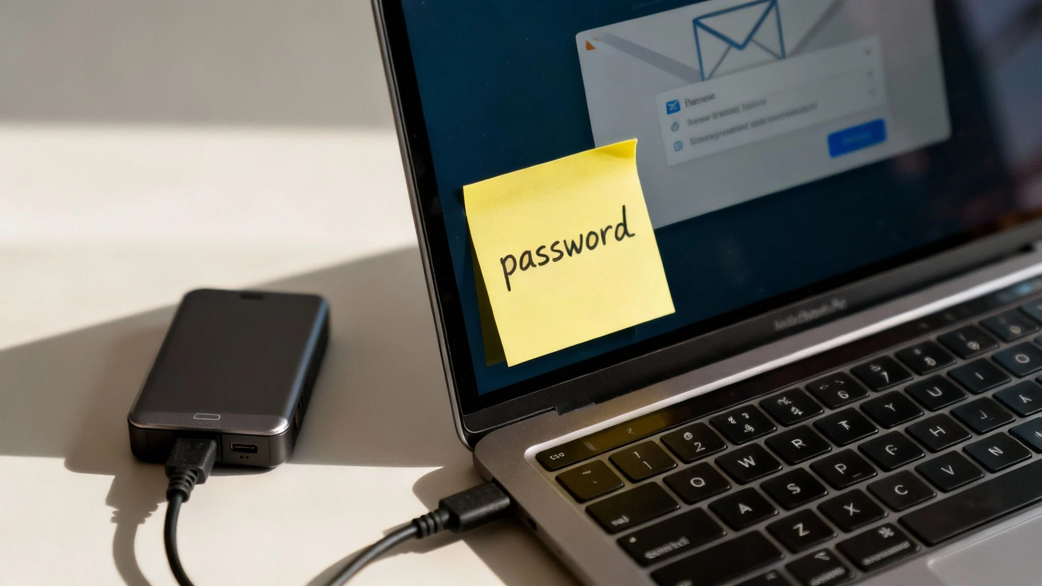 A yellow sticky note with 'password' written on it stuck to a laptop screen, next to an external hard drive.