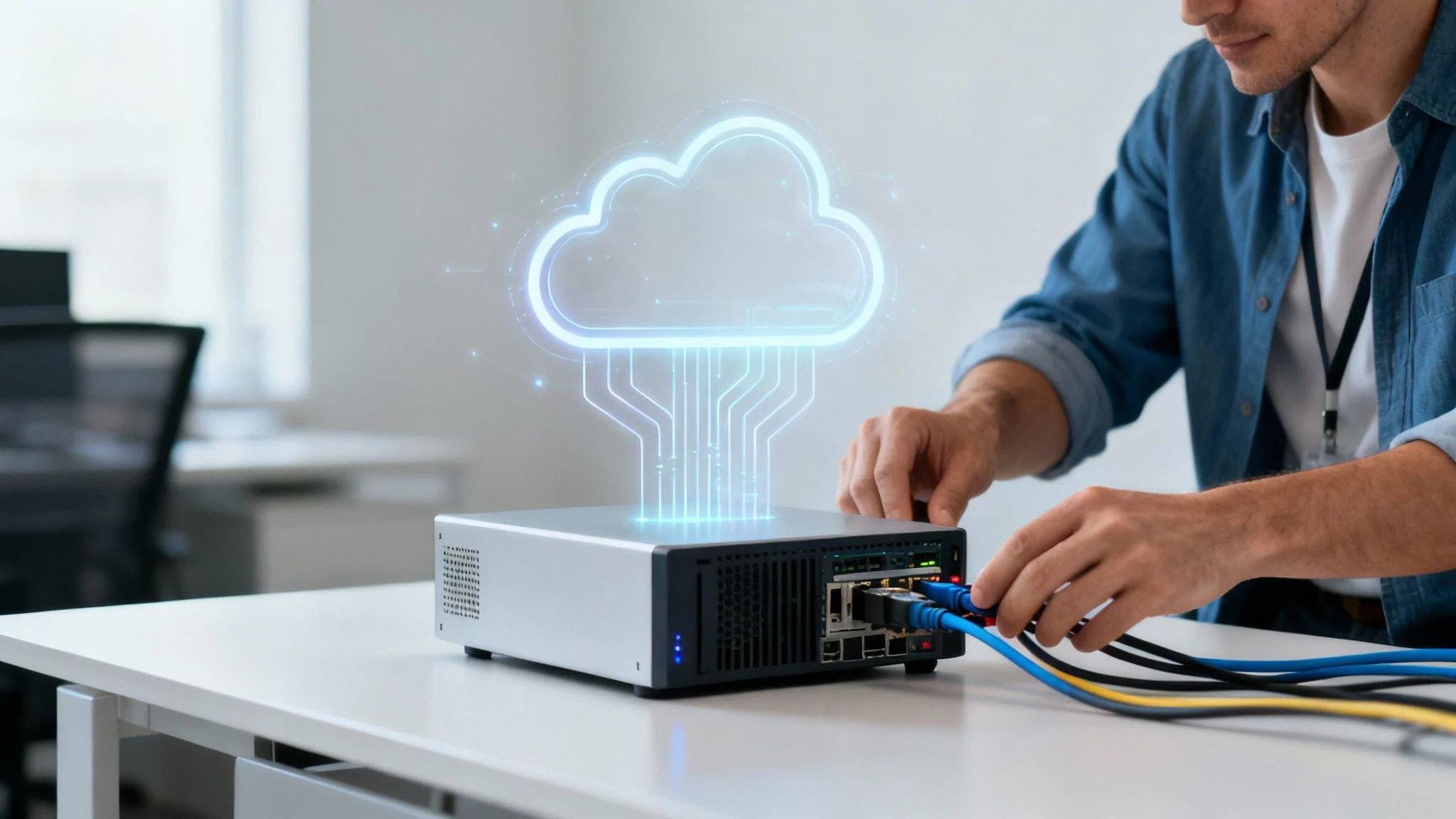 A person connects network cables to a server device on a desk, with a glowing cloud computing icon hovering above, symbolising cloud storage or network connectivity.
