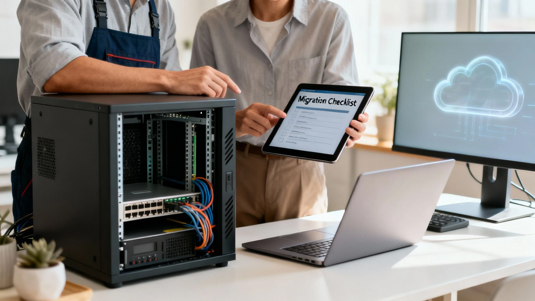 IT professionals discuss server migration checklist on a tablet, next to a server rack and cloud monitor.