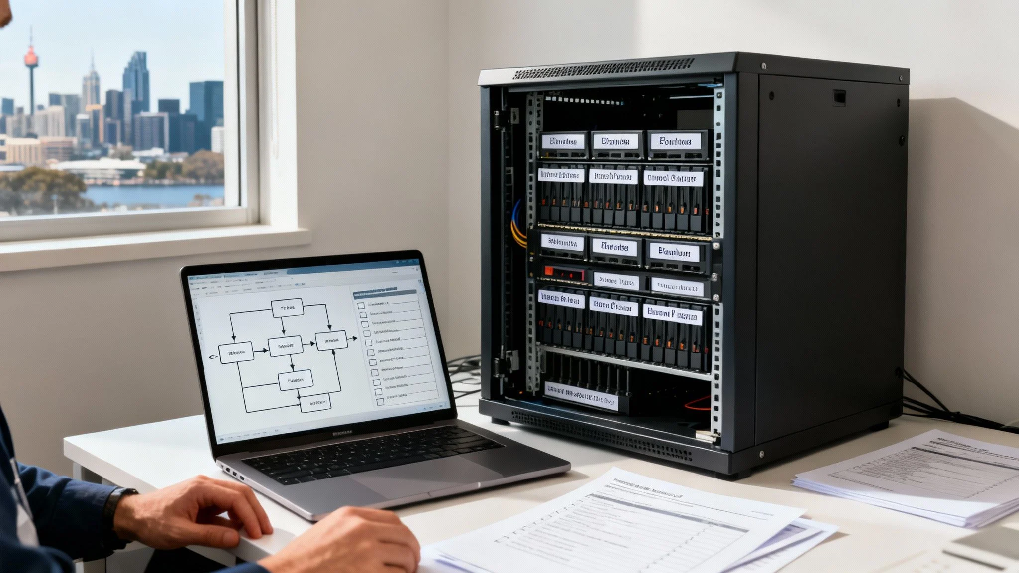 A person works on a laptop with a server rack in a modern office, city skyline visible.