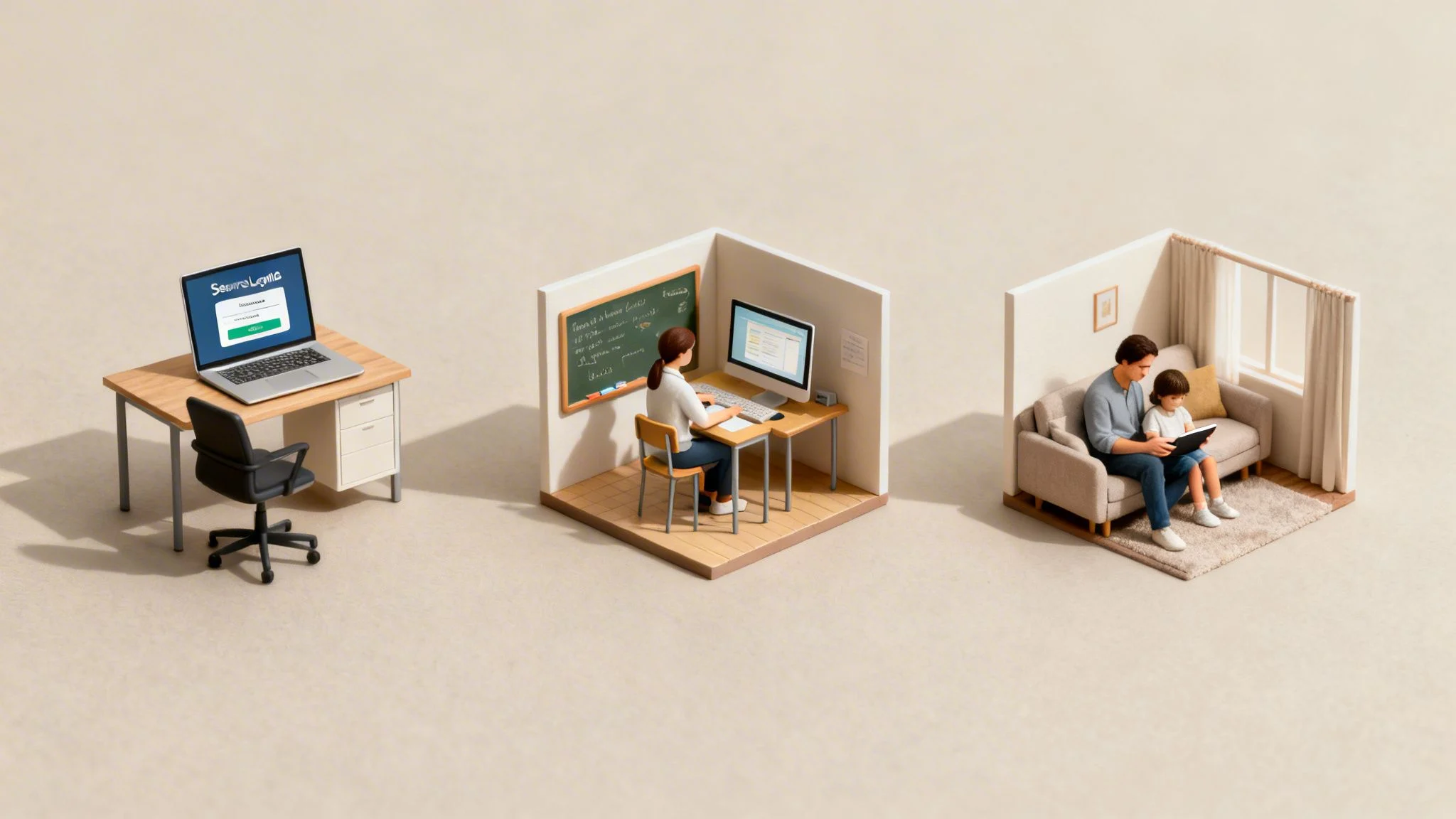 Three isometric scenes illustrating digital life: secure laptop login, remote work, and family tablet use.