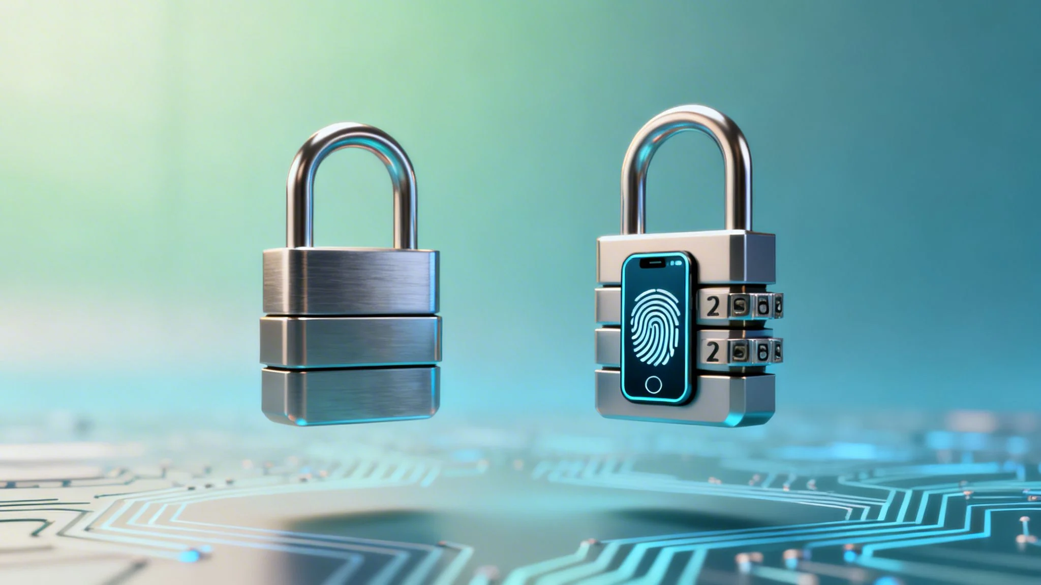 Two padlocks hover over a circuit board; one is plain, while the other has a fingerprint scanner on a screen and a numeric keypad, symbolising digital and traditional security.