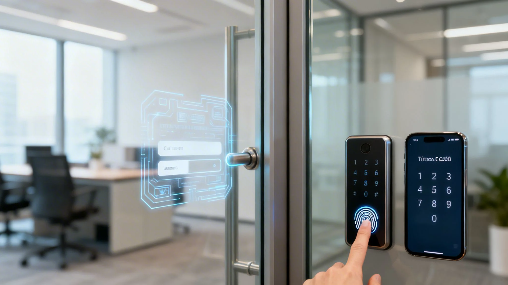 Hand scanning fingerprint on a smart lock system with keypad and phone for office access.
