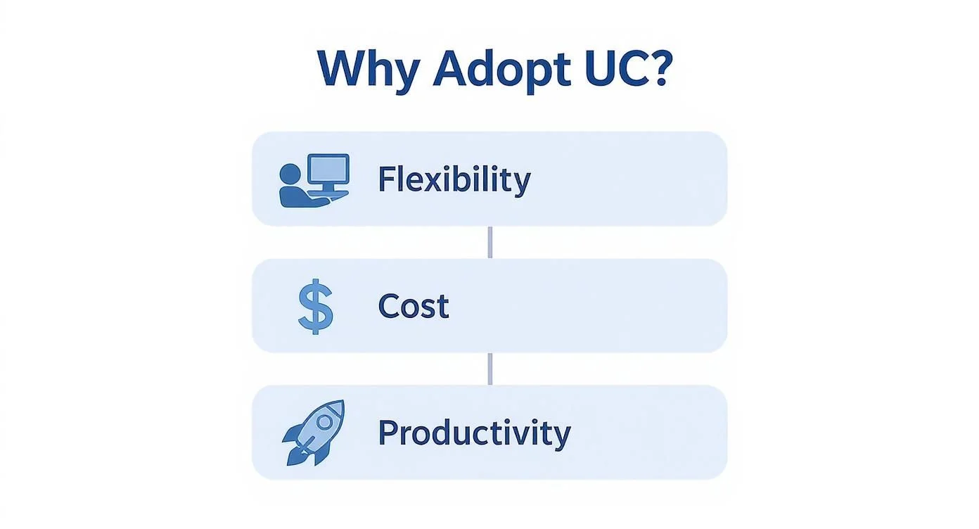 A graphic titled Why Adopt UC? lists three reasons with icons: Flexibility (computer icon), Cost (pound sign icon), and Productivity (rocket icon).