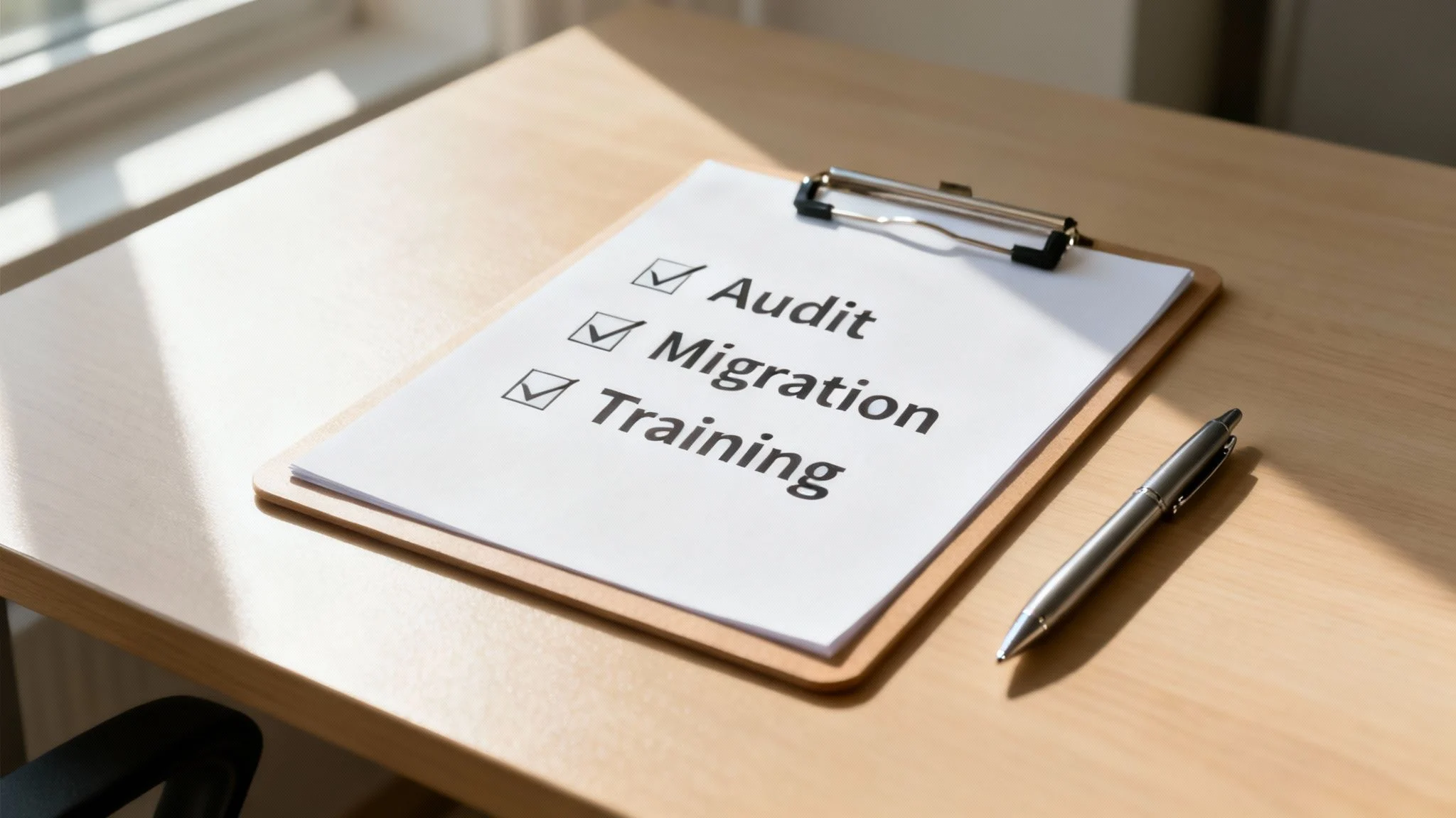 A clipboard with a checklist titled Audit, Migration, and Training, each with a tick, sits on a wooden desk next to a silver pen with sunlight coming through a nearby window.