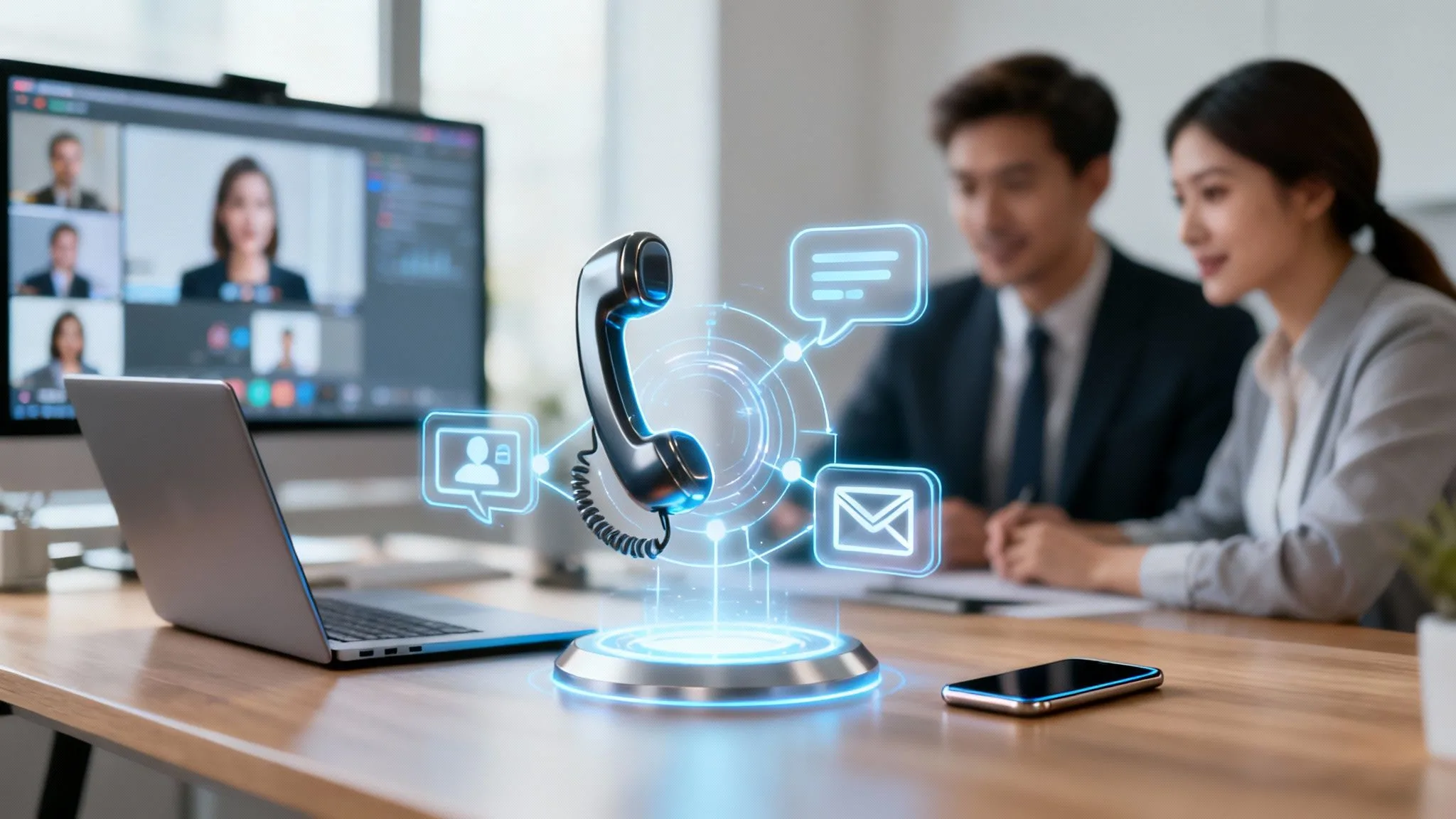 Two business professionals sit at a desk with a laptop and mobile, discussing VoIP services, while holographic icons of a phone, chat, and email hover above the table. A virtual meeting is displayed on a monitor in the background.