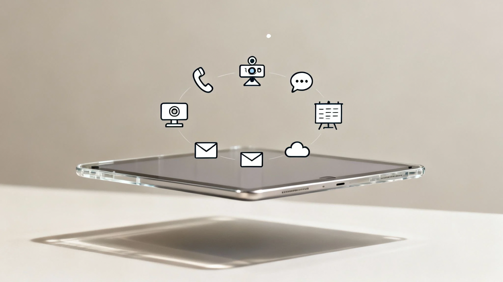 A tablet levitates above a surface with digital icons floating above it, including symbols for phone, webcam, email, video chat, cloud, chat bubbles, and a presentation board, representing digital communication.