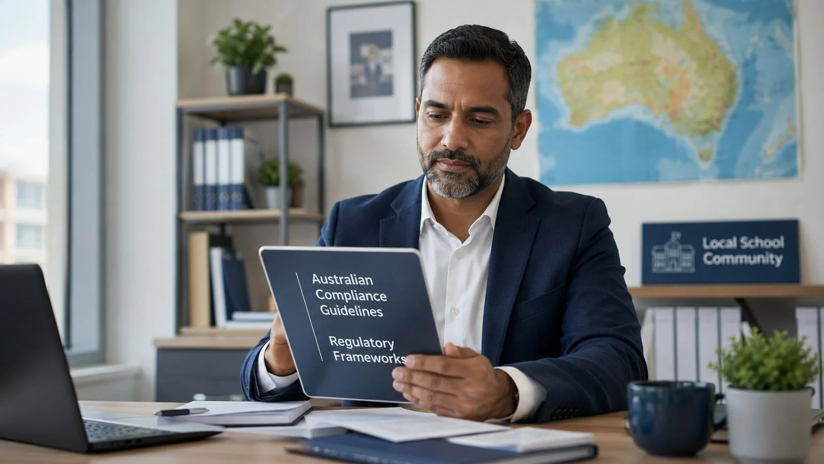 A professional man in a business suit reviewing Australian compliance guidelines and regulatory frameworks documents in an office.