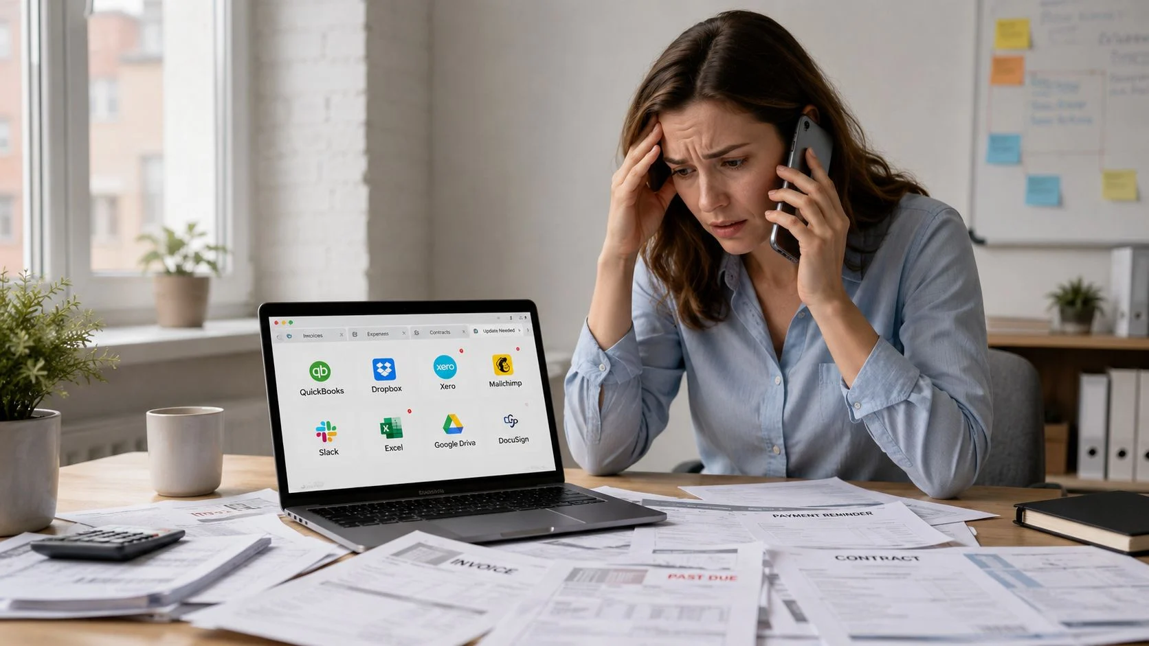 A stressed woman working at a desk surrounded by invoices and digital vendor management software icons.
