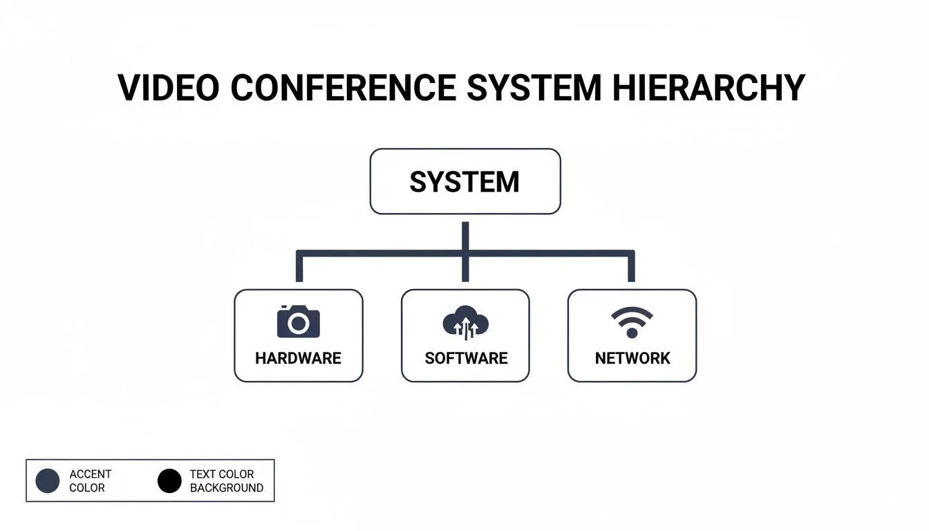 A flowchart titled Video Conference System Hierarchy shows System at the top branching to three sections: Hardware (camera icon), Software (cloud icon), and Network (Wi-Fi icon). Colour legend at bottom left.