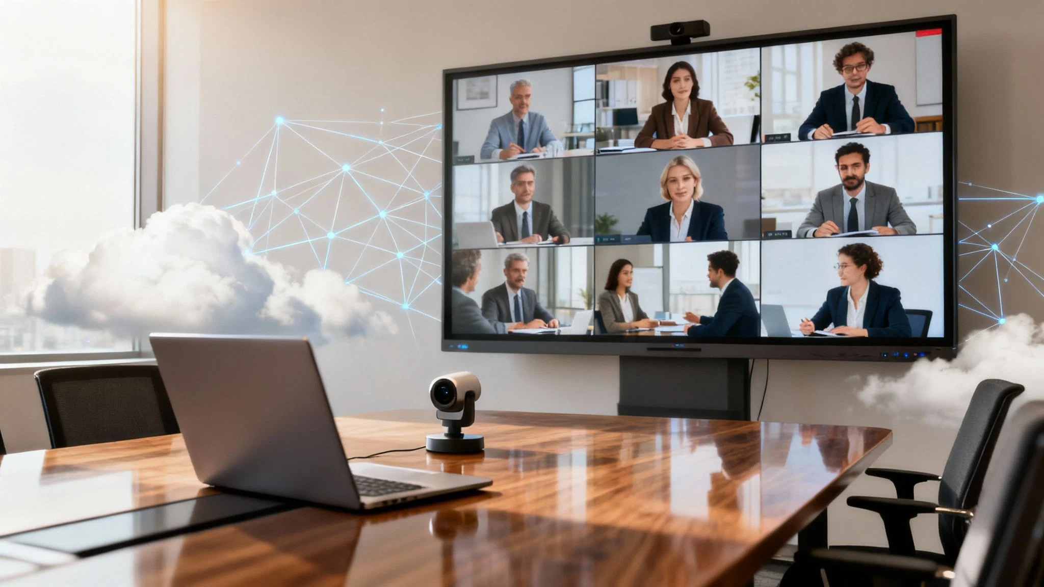 A conference room with a wooden table, laptop, and webcam faces a large screen showing a virtual meeting with eight people. Digital cloud and network graphics are overlaid in the background.