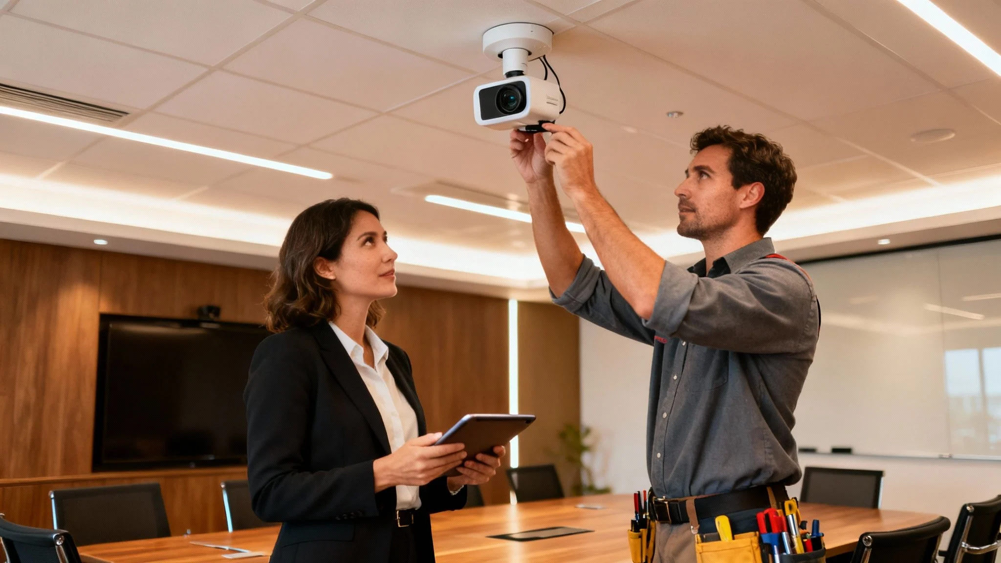 A technician stands on a chair installing a security camera on the ceiling of a meeting room while a woman in business attire watches and holds a tablet.