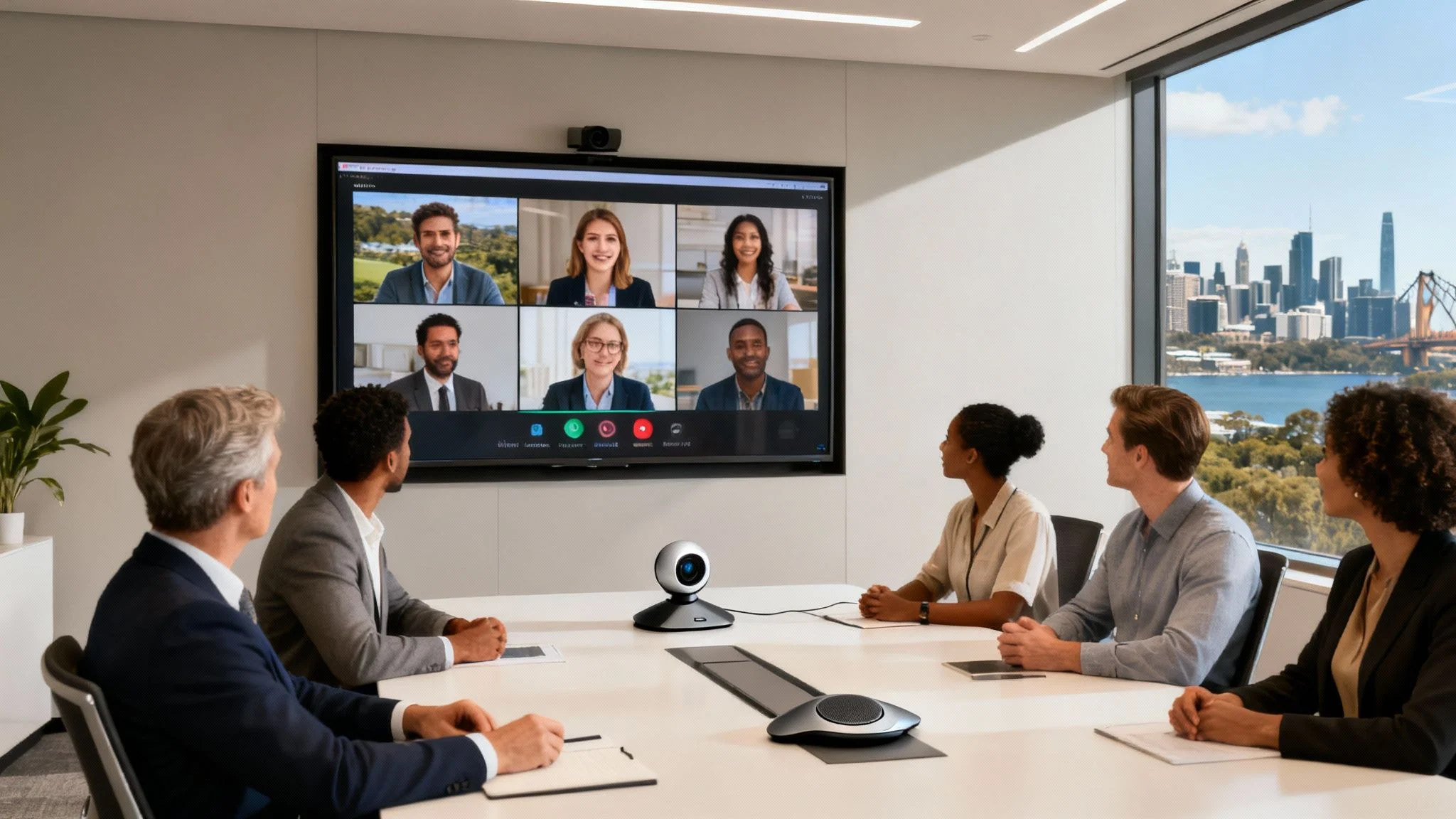 Six people sit around a conference table in a modern office, having a video call with six others shown on a large screen. The room has large windows with a city skyline view.