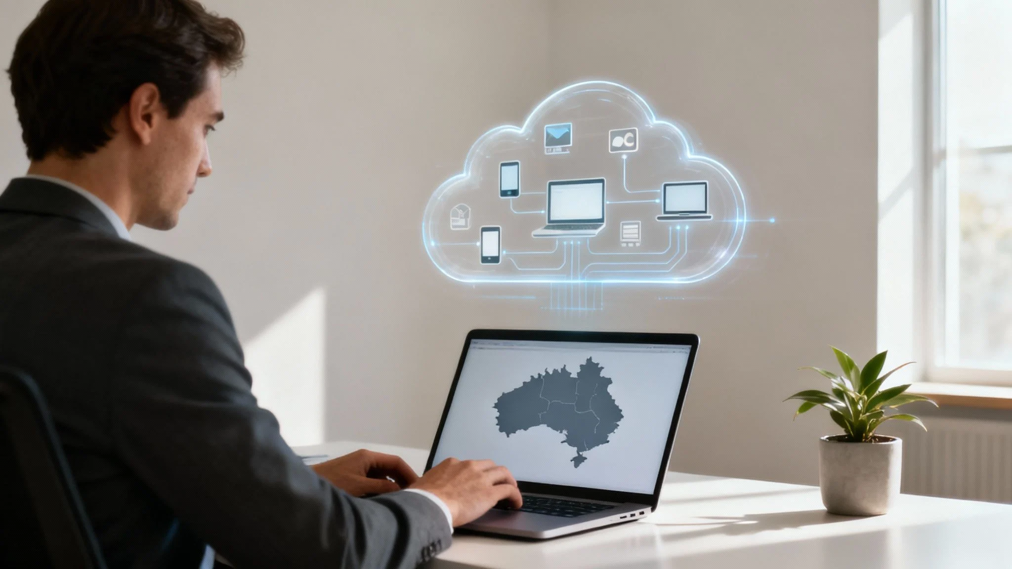 A man in a suit works on a laptop displaying a map, with a digital cloud icon above showing interconnected devices, symbolising cloud computing. A small potted plant sits on the desk.