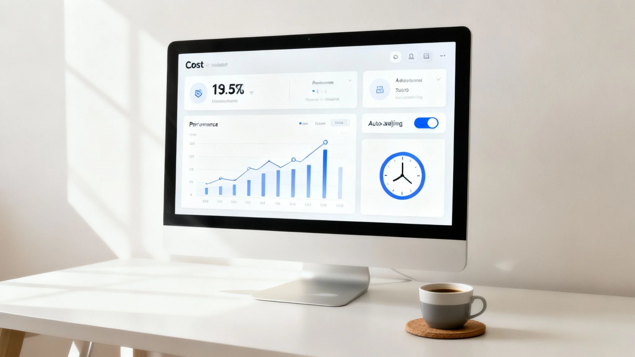A desktop computer on a white desk displays a dashboard with a cost analysis graph, performance chart, and a clock. A cup of coffee sits beside the monitor.