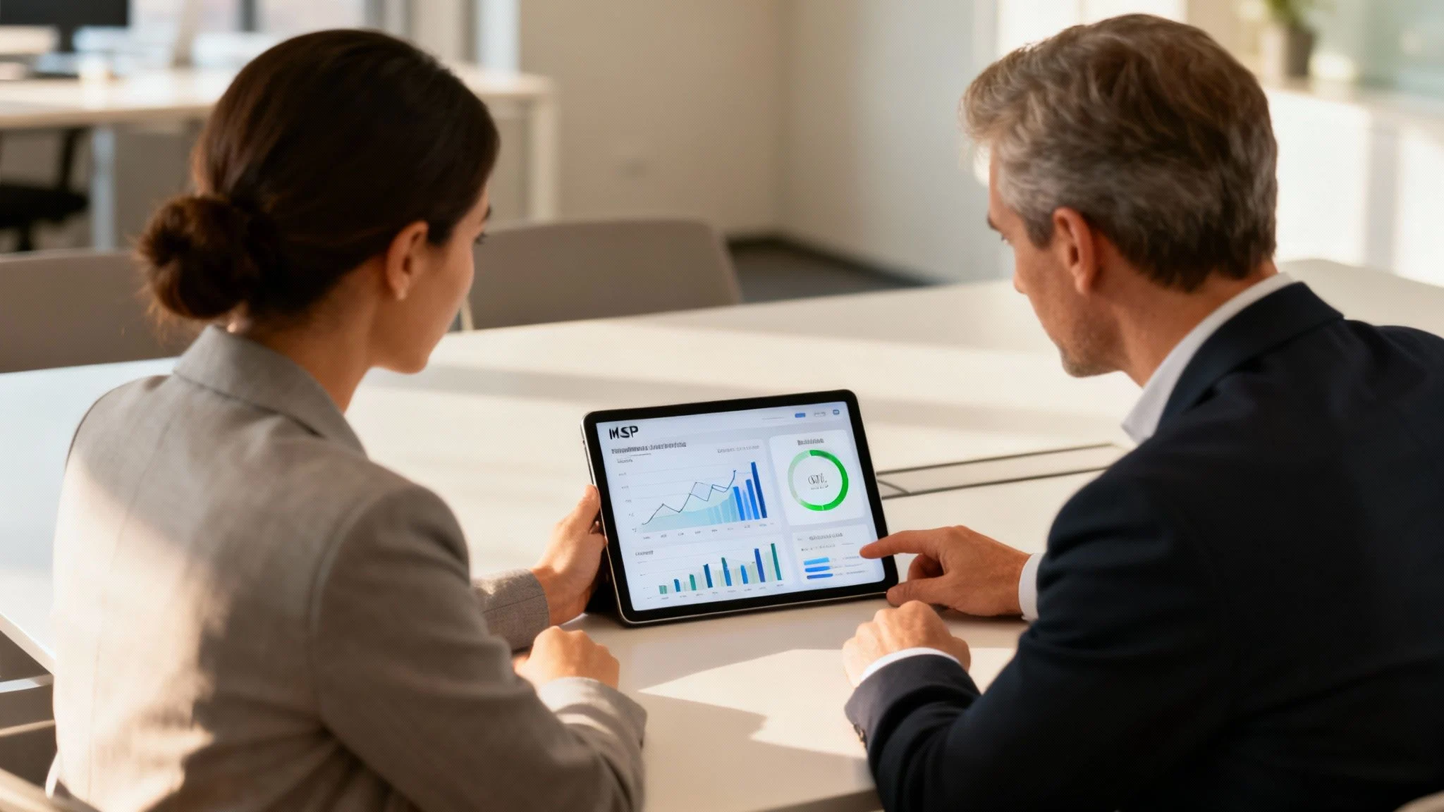 Business colleagues in an office meeting analyzing financial charts and reports on a tablet.
