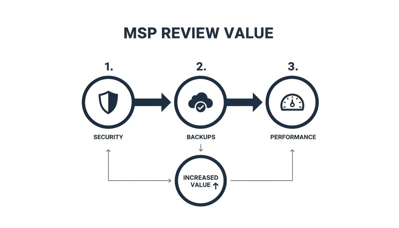 Diagram illustrating MSP review value covering security, backups, and performance for increased value.