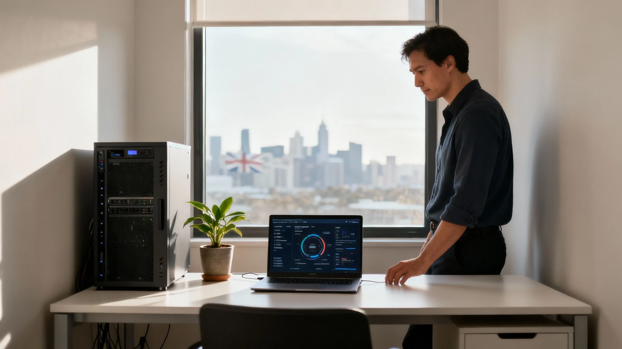 A man stands at a desk with a laptop displaying data analytics, next to a desktop computer and a potted plant, in a bright office with a city skyline visible through the window.
