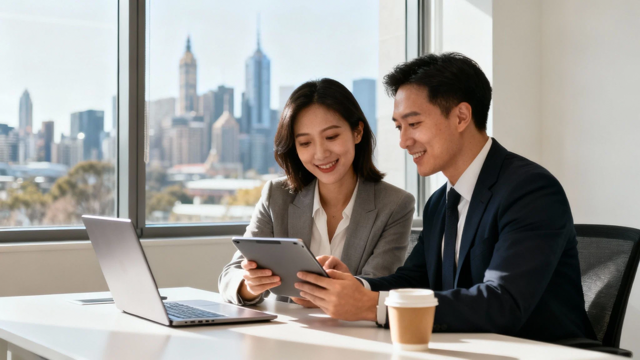 Two business professionals sit at a desk in a modern office with large windows and a city skyline view, smiling as they look at a tablet. A laptop and a coffee cup are also on the desk.