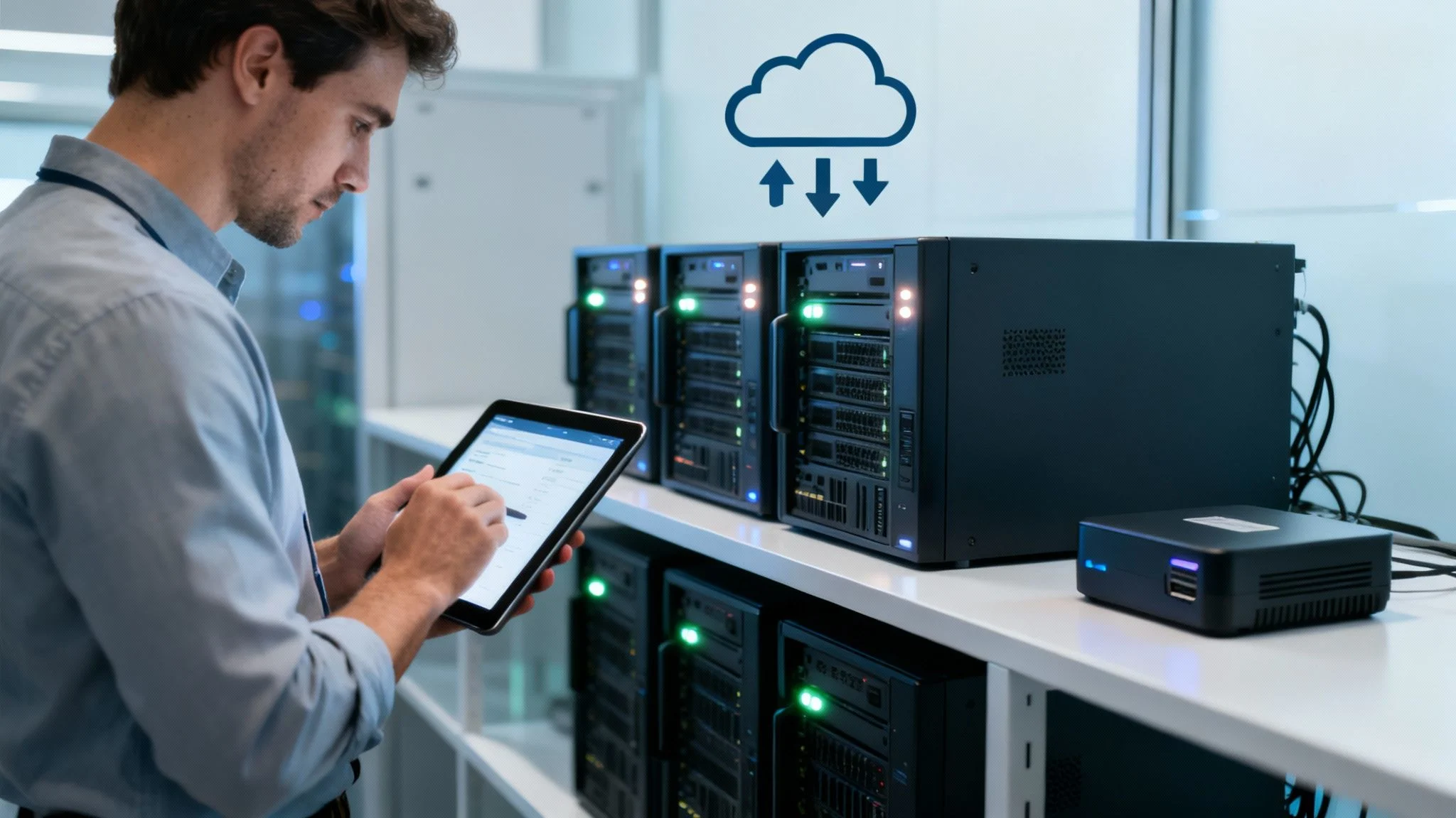 A man in a server room using a tablet, with a cloud computing icon overhead.