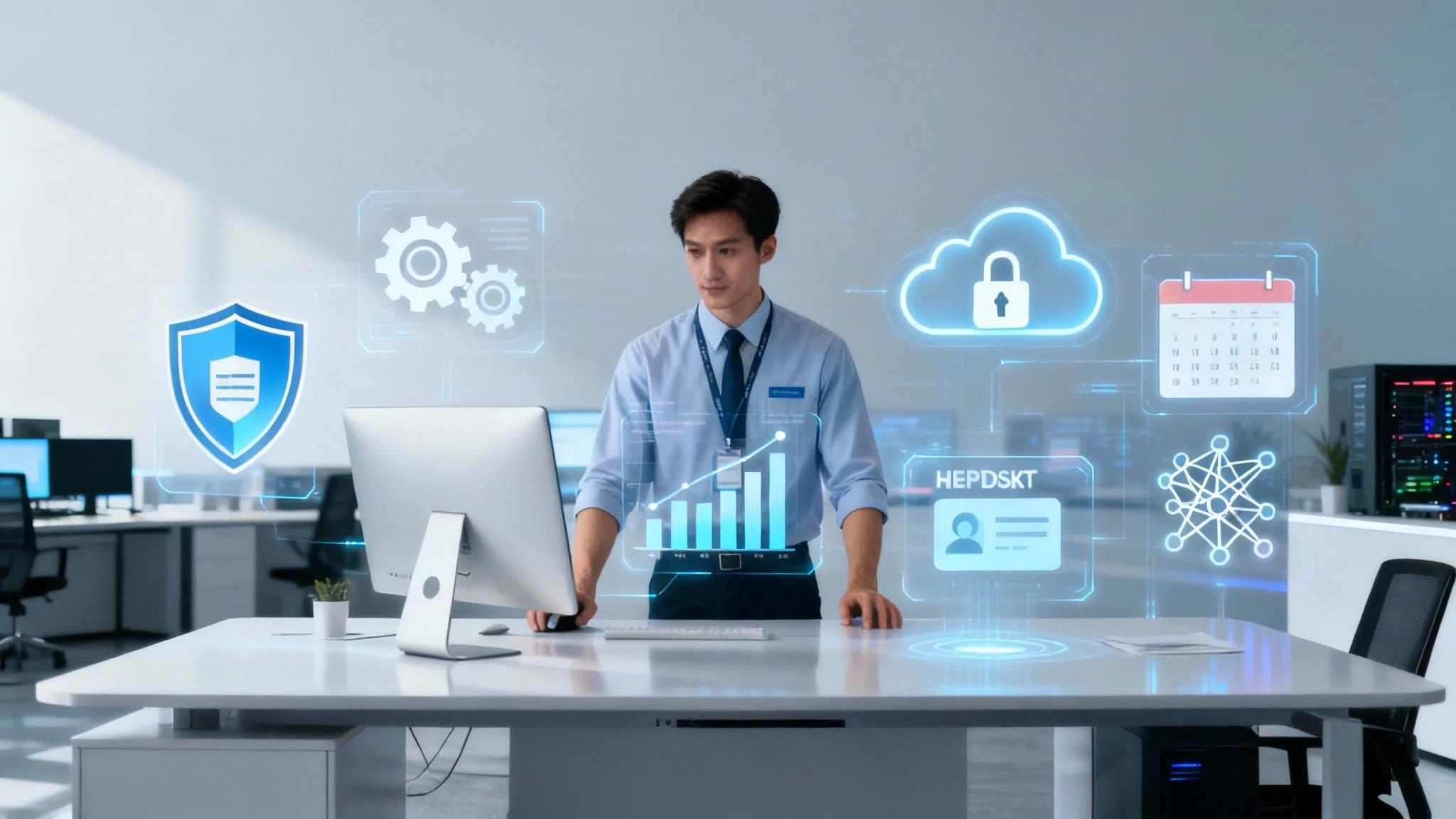 A business professional stands at a desk and works on a computer. Blue digital icons, such as a shield, lock, gears, graph, and ID card, float around him, representing cyber security and data management.