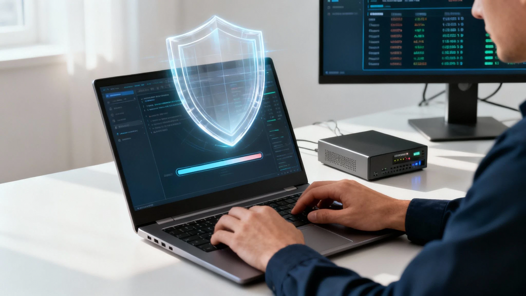 A person types on a laptop displaying a cybersecurity shield icon and a progress bar.