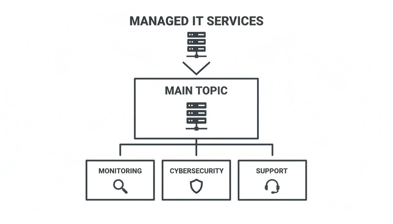 Diagram illustrating managed IT services, showing a main topic connected to monitoring, cybersecurity, and support functions.