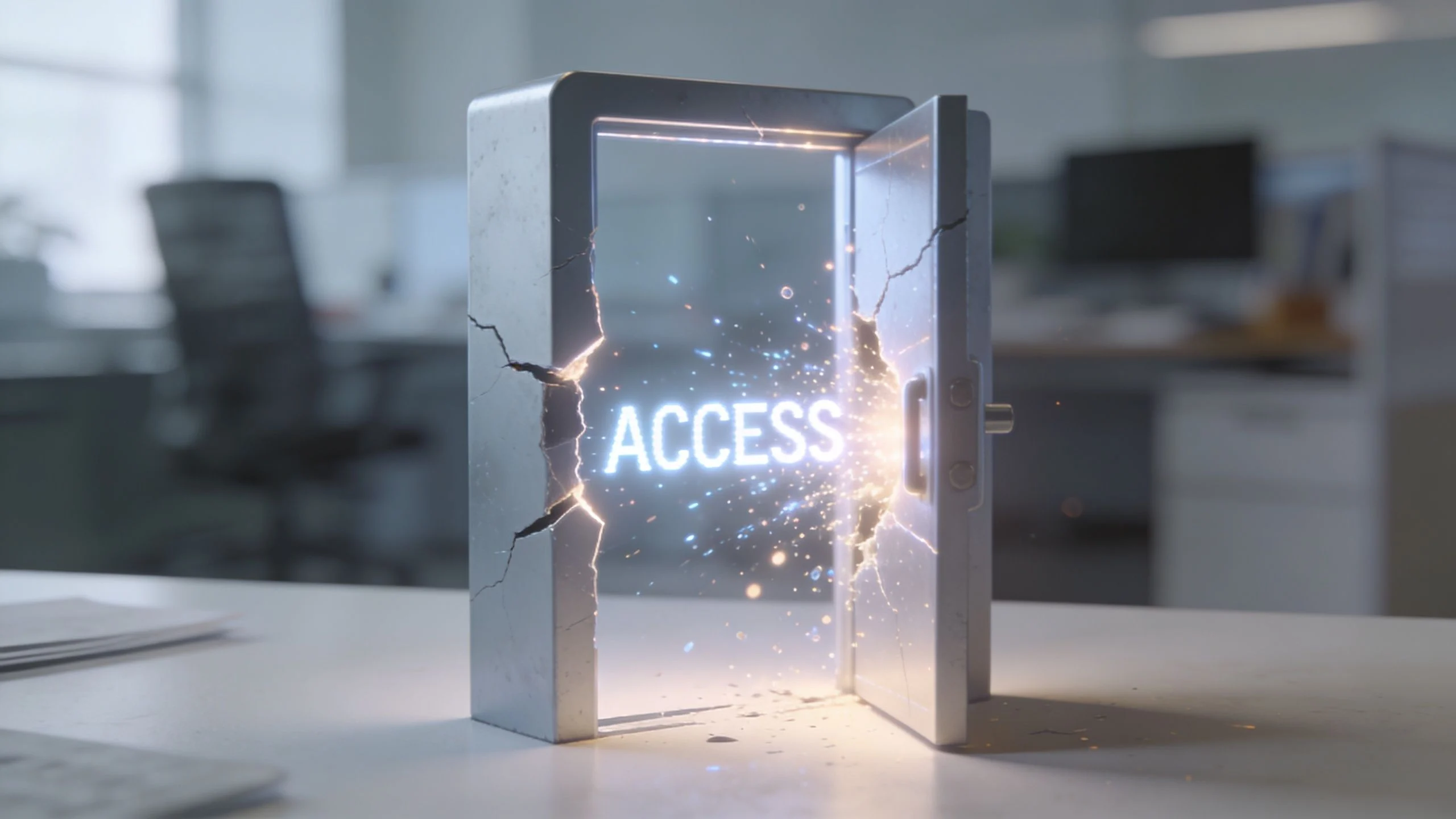 A miniature metal door frame with the word ACCESS glowing inside, placed on a modern office desk.