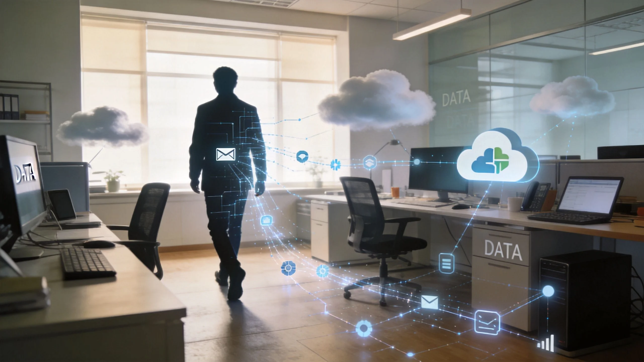 A silhouette of a businessman walking through an office surrounded by digital data and cloud computing icons.