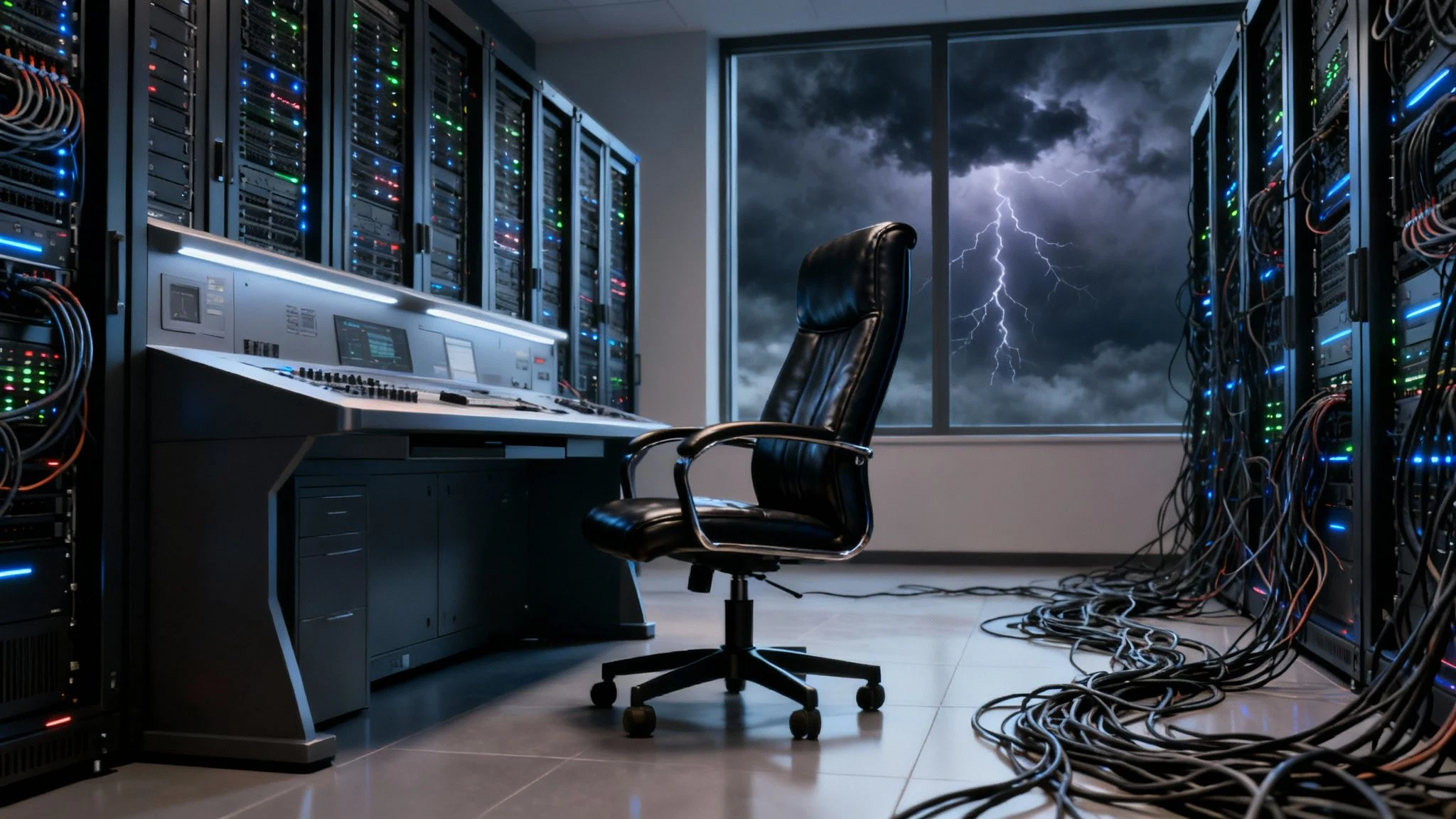 A server room with racks of blinking equipment and tangled cables; an empty office chair faces a control console. Outside the window, dark storm clouds and lightning strikes are visible, creating a dramatic atmosphere.