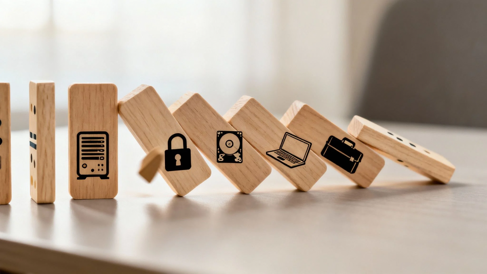 Wooden dominoes with data security icons falling, illustrating risk and prevention.