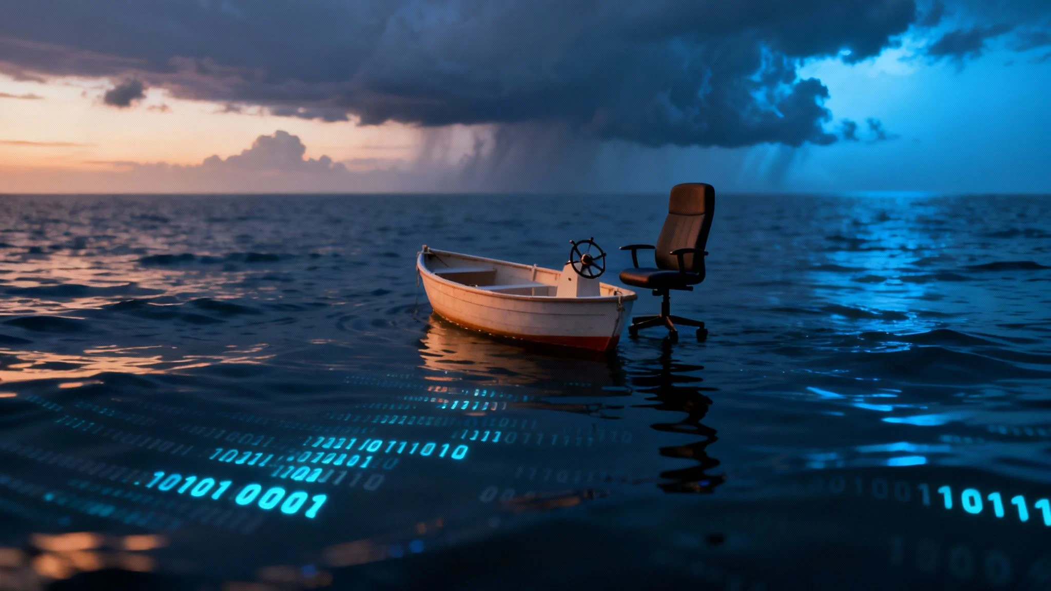 A rowboat and office chair float on binary-coded water under a stormy and sunset sky.