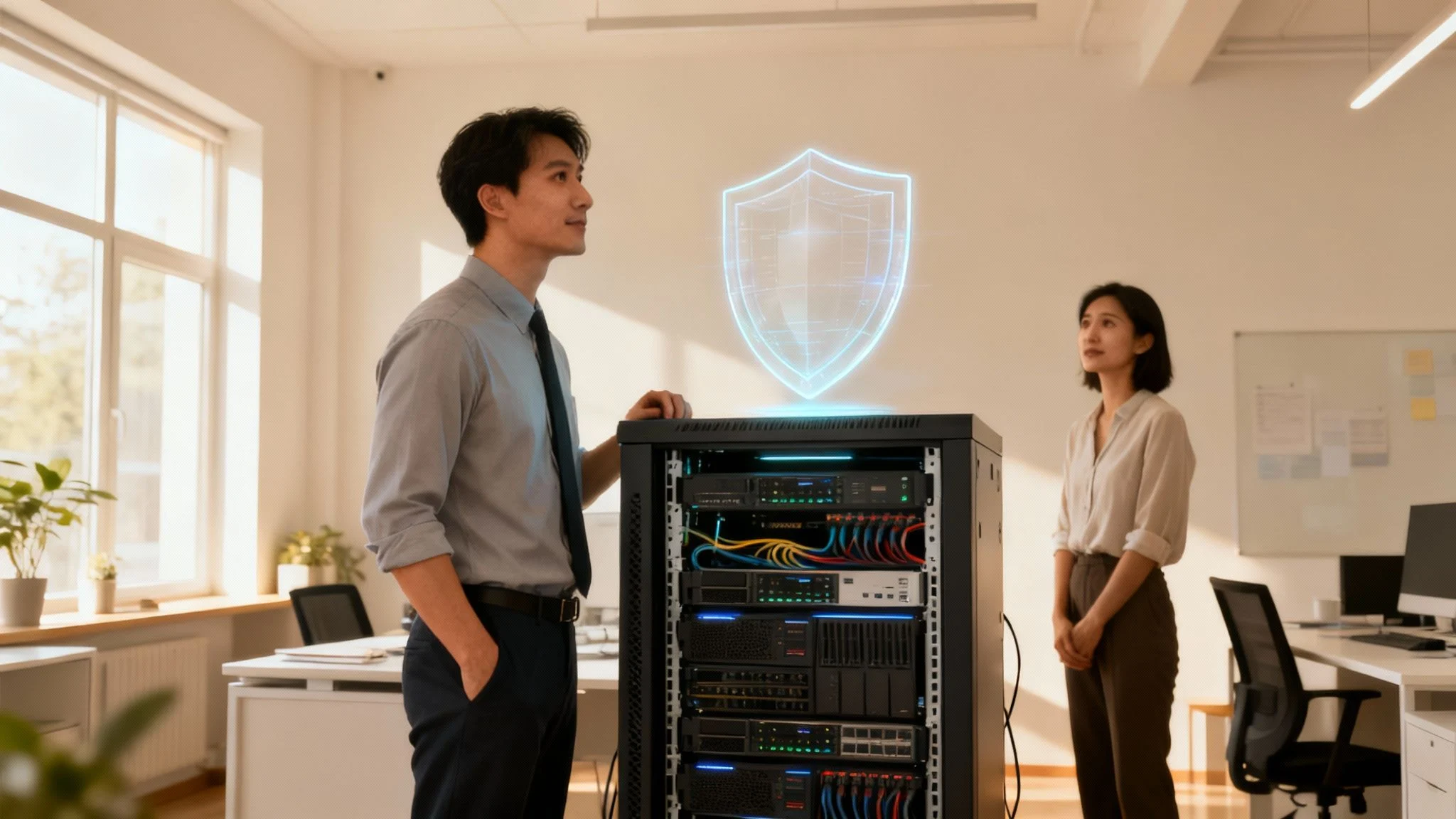 Two IT professionals observe a secure server rack with a glowing shield hologram in a modern office.