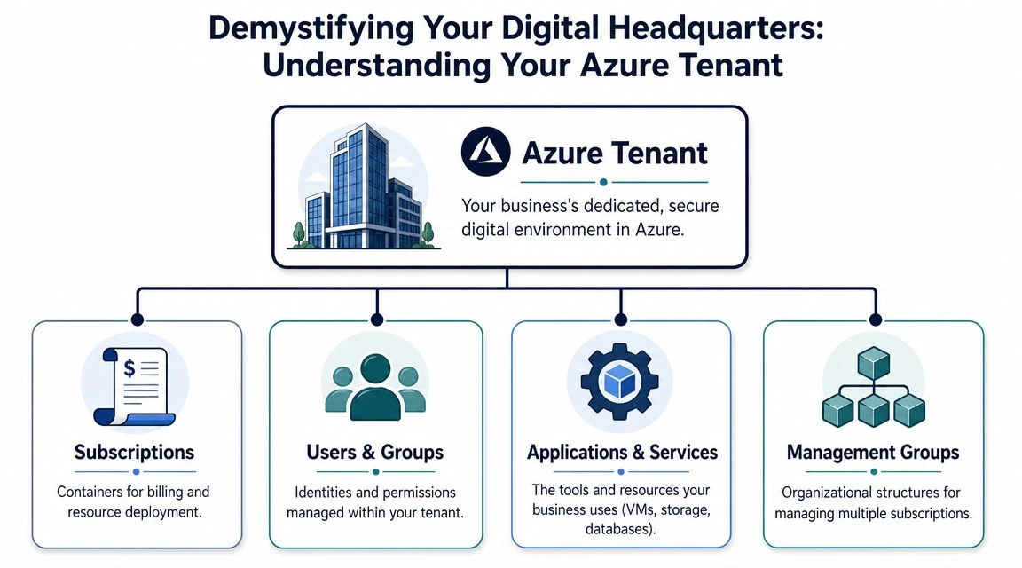 An infographic titled Demystifying Your Digital Headquarters, illustrating the hierarchy of an Azure Tenant and its core components.