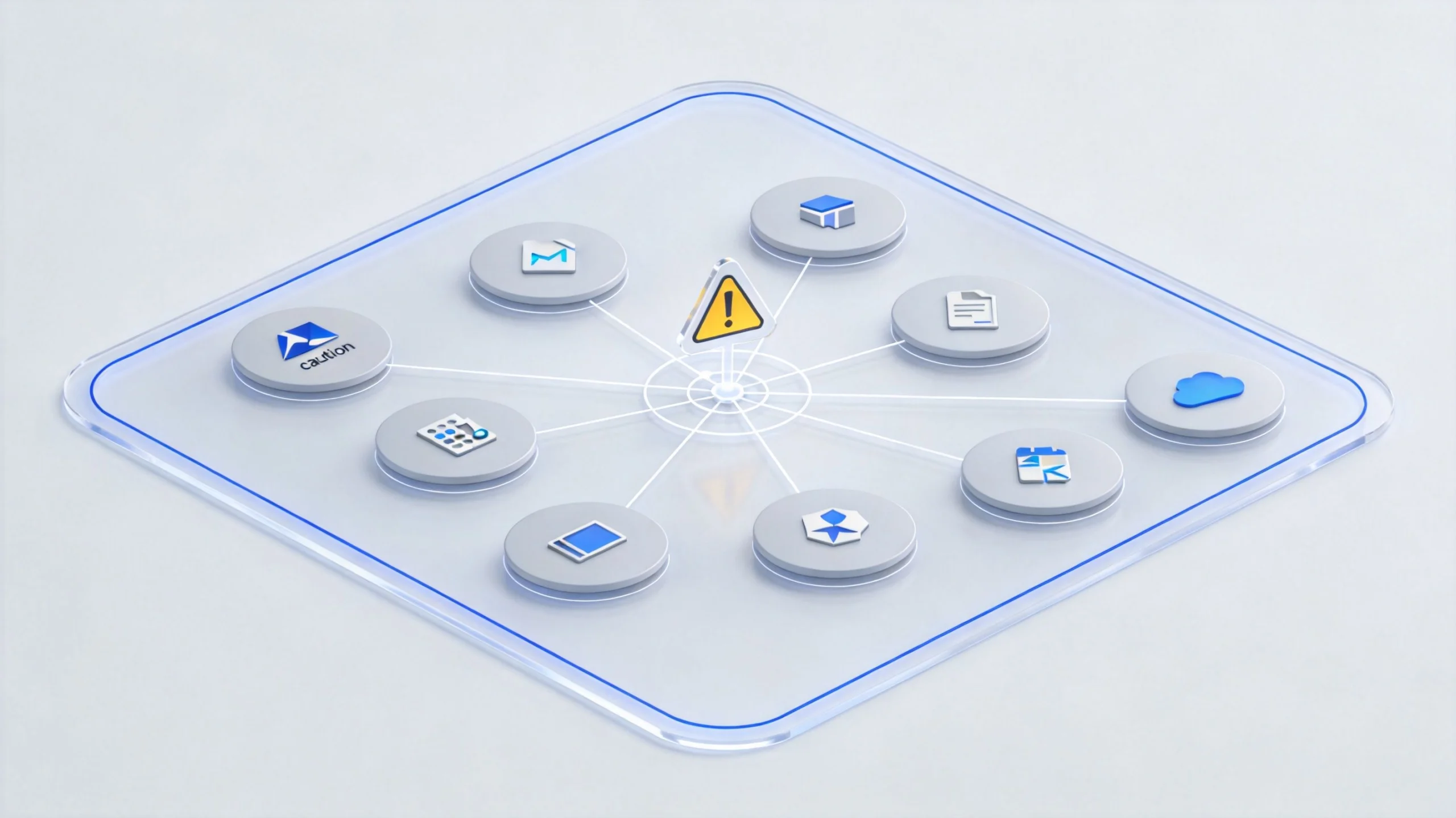 A 3D visualization showing various Azure-related application icons connected to a central alert warning symbol.