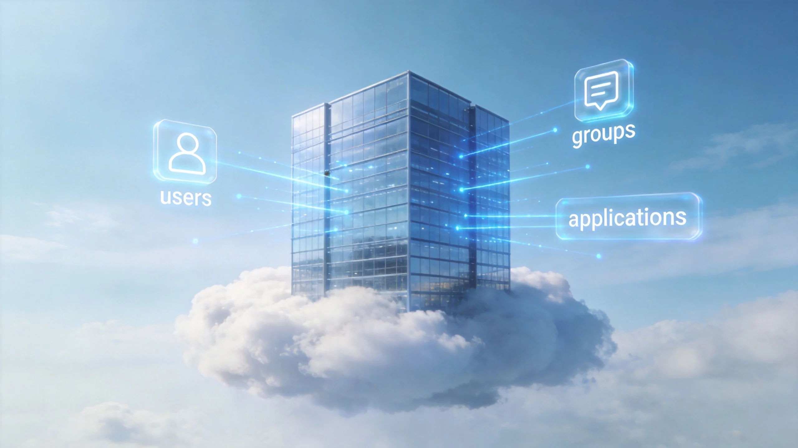 A glass office building floats on a cloud in the sky, with digital icons and labels pointing to it: users, groups, and applications, representing cloud computing or data management.