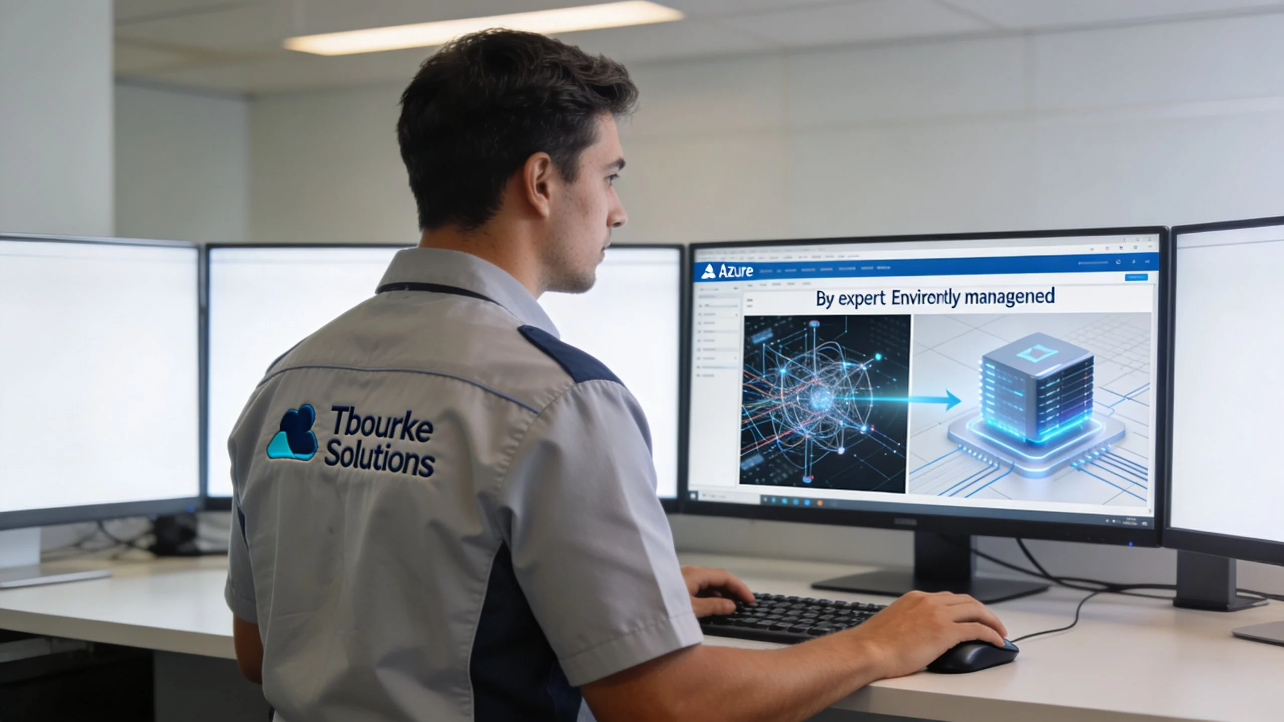 A professional IT specialist managing an Azure cloud environment on a multi-monitor workstation setup.