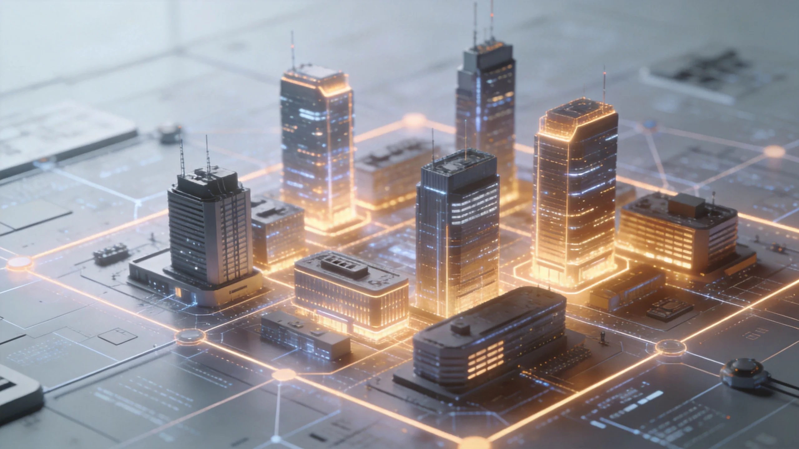 A 3D isometric representation of a futuristic digital city connected by glowing orange data lines on a server.