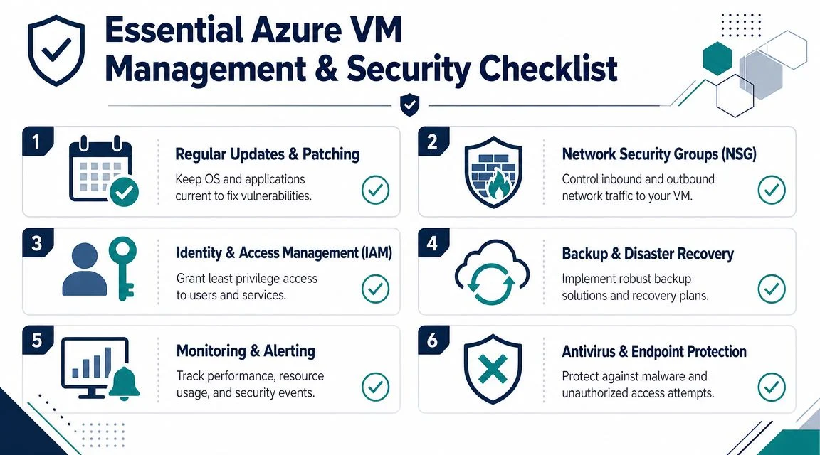 A checklist infographic detailing essential management and security best practices for Microsoft Azure virtual machines.