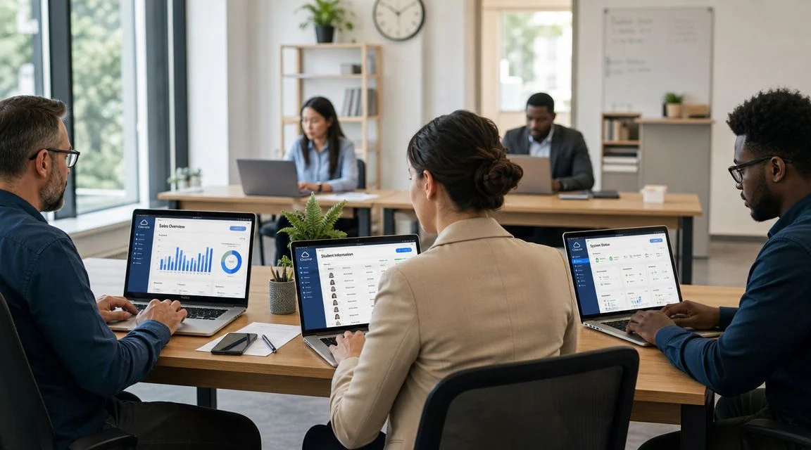 A professional team working collaboratively on laptops in a modern office, analyzing data on virtual dashboards.