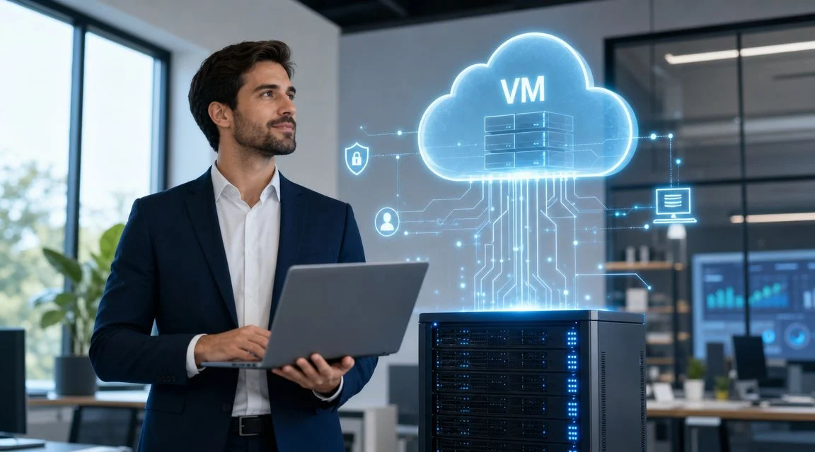 A man in a business suit holds a laptop in an office with servers. A glowing cloud icon labelled VM and digital connections illustrate cloud computing and virtualisation concepts.