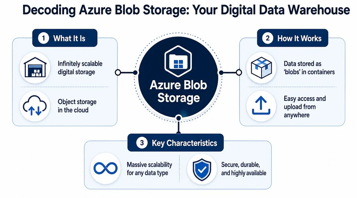 A diagram illustrating the definition, functionality, and key characteristics of Azure Blob Storage in the cloud.