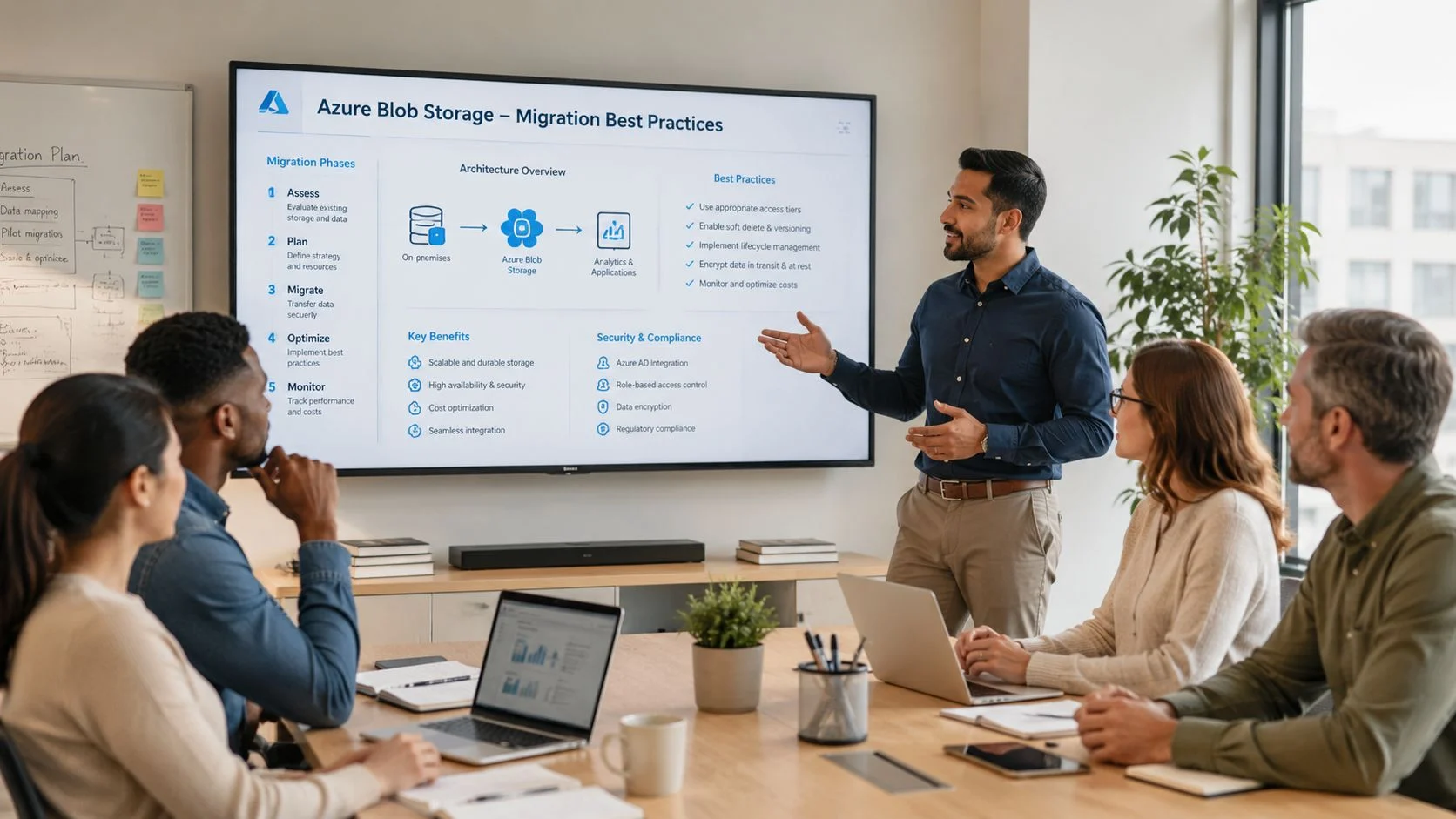 A professional presenter explains Azure Blob Storage migration best practices to a team in an office meeting.
