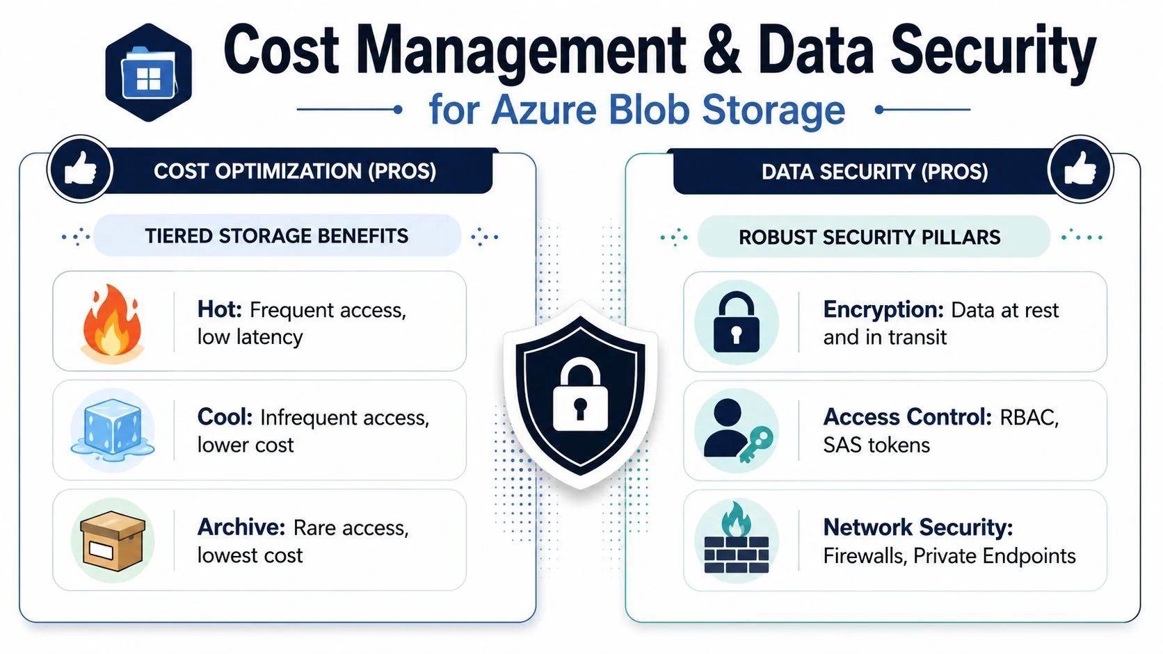 An infographic summarizing cost optimization through tiered storage and data security features in Azure Blob Storage.