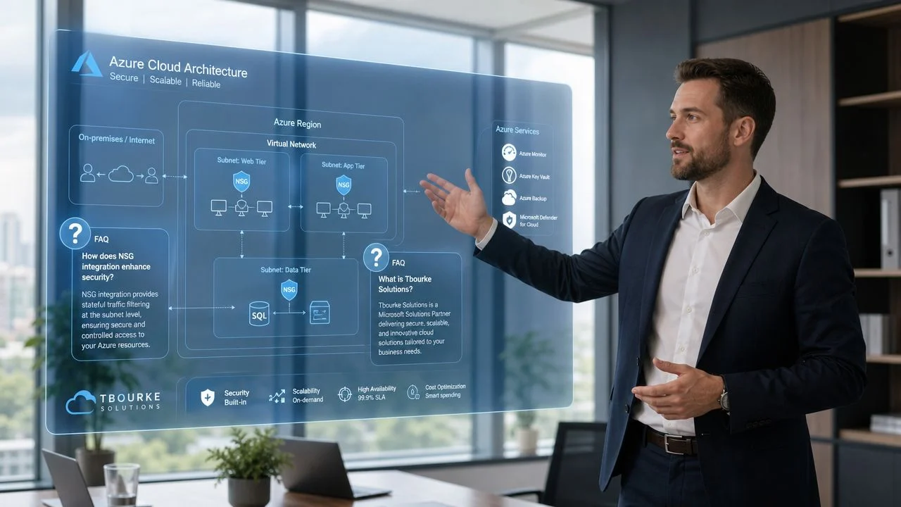 A professional man presenting a digital hologram of an Azure cloud network architecture in an office.