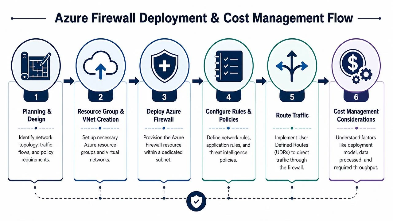 A flowchart detailing the six steps of the Azure Firewall deployment and cost management process.