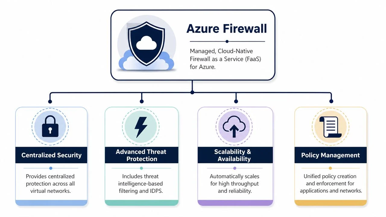 A diagram illustrating the key benefits of Microsoft Azure Firewall, including centralized security, advanced threat protection, scalability, and policy management.