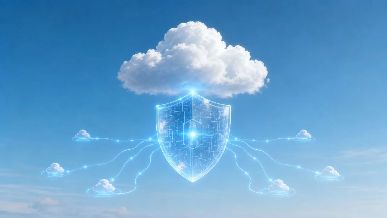 A digital shield surrounded by clouds symbolizes cloud security and protection, representing Azure Firewall's capabilities.