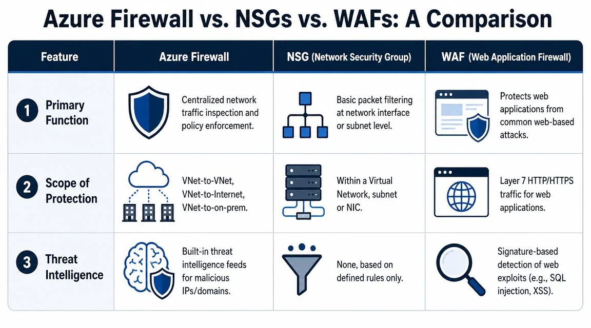 A comparison table detailing the differences between Azure Firewall, Network Security Groups, and Web Application Firewalls.