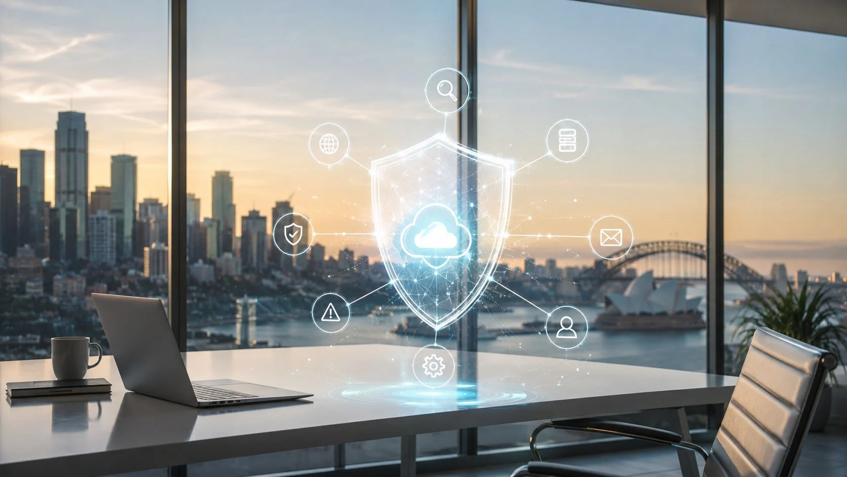 A modern office with a laptop and a digital shield icon representing cloud security, overlooking a city skyline at sunset.